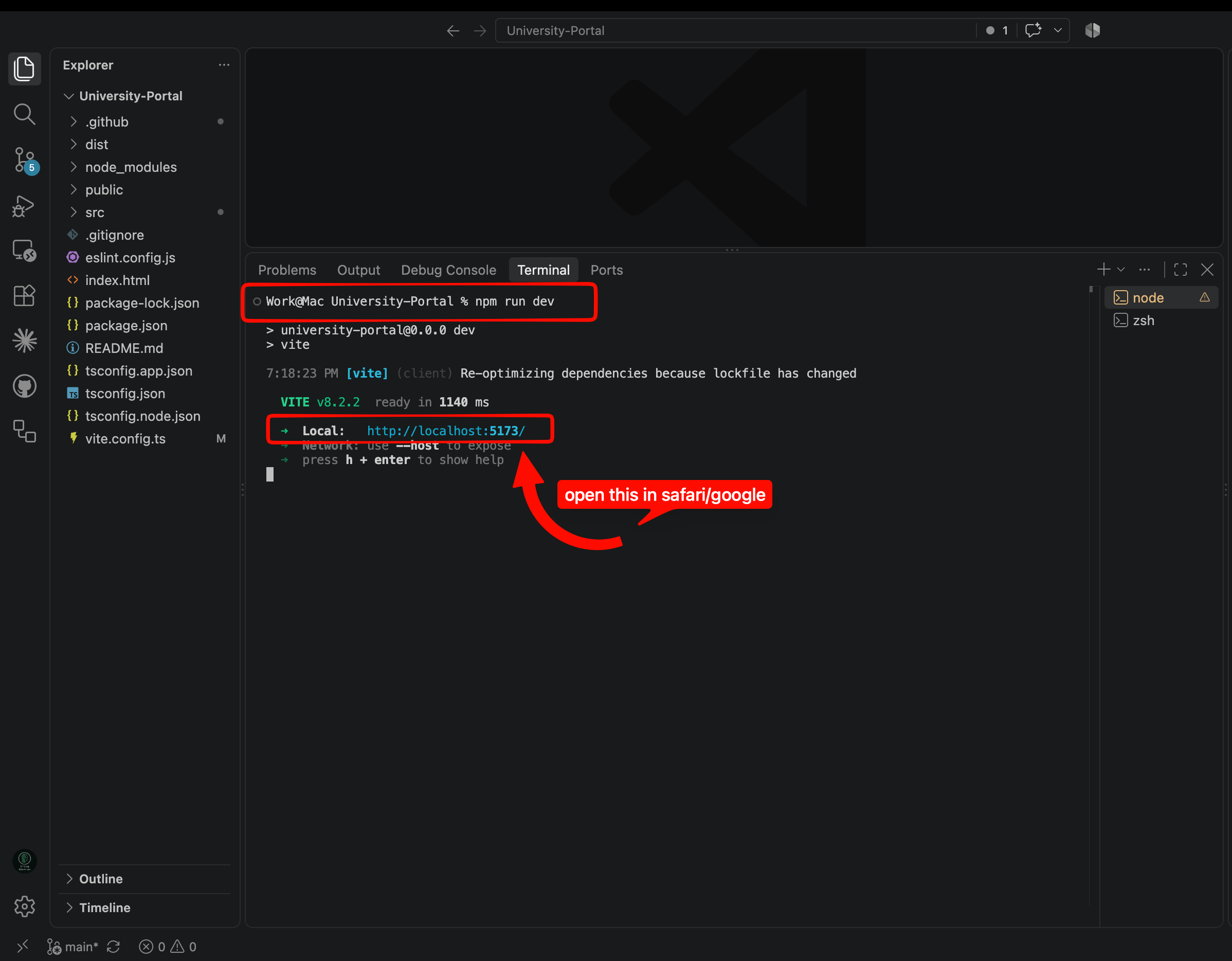 The terminal running npm run dev and printing the local development server address.