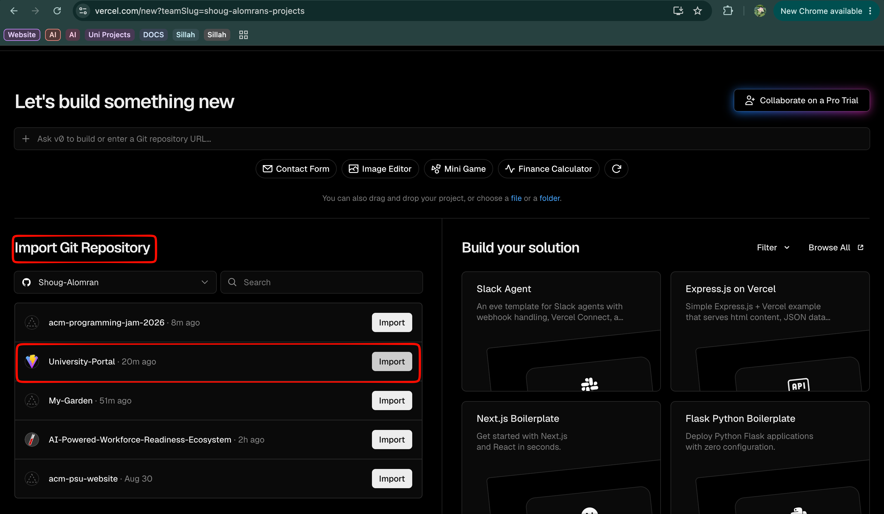 Importing the University Portal repository into Vercel