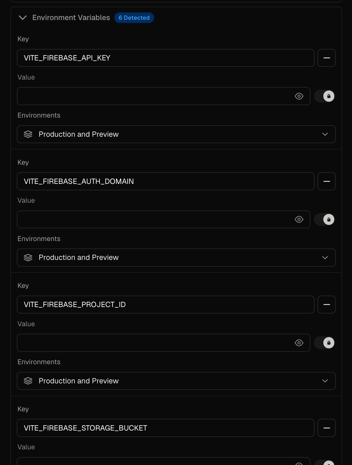Firebase environment variables configured in Vercel