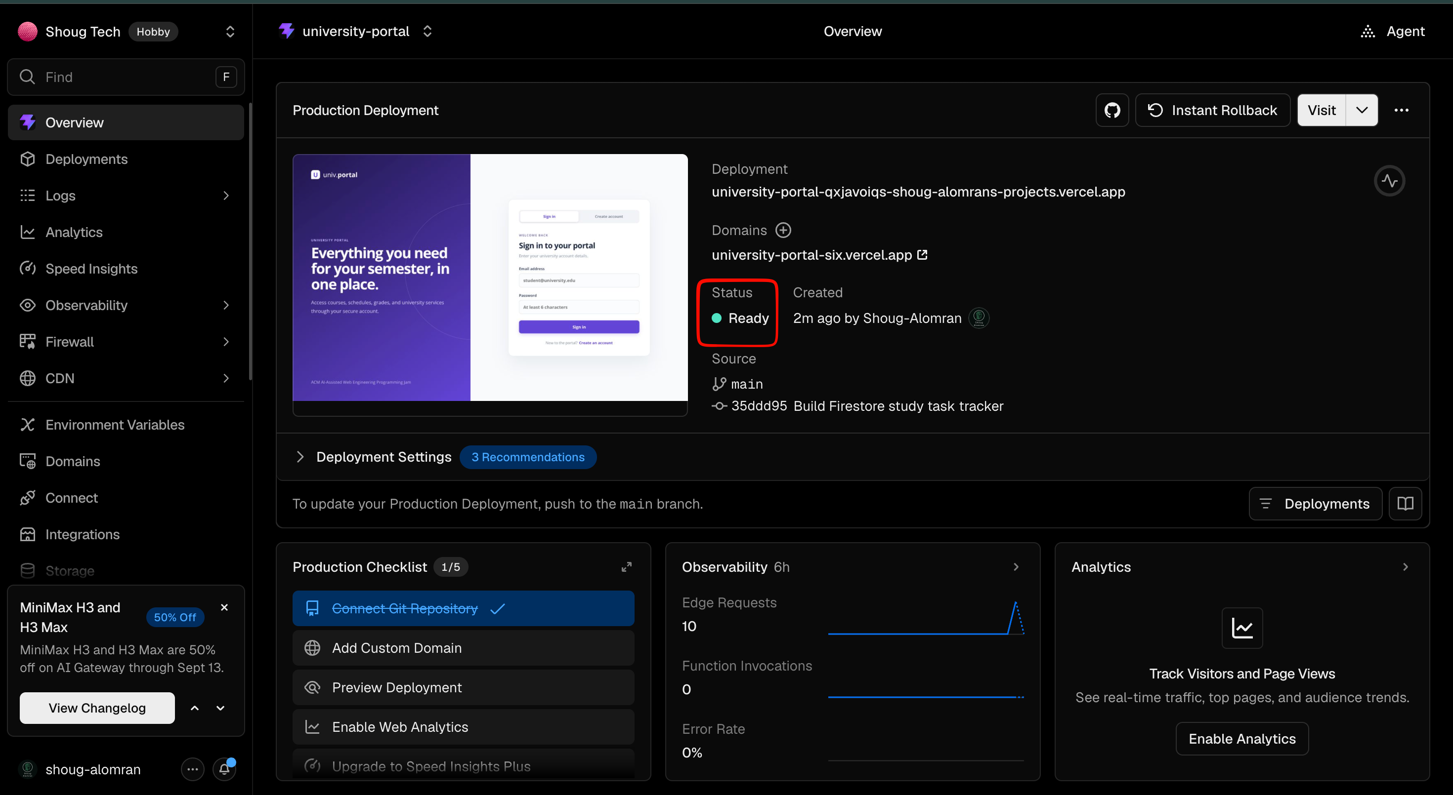 Successful University Portal deployment in Vercel