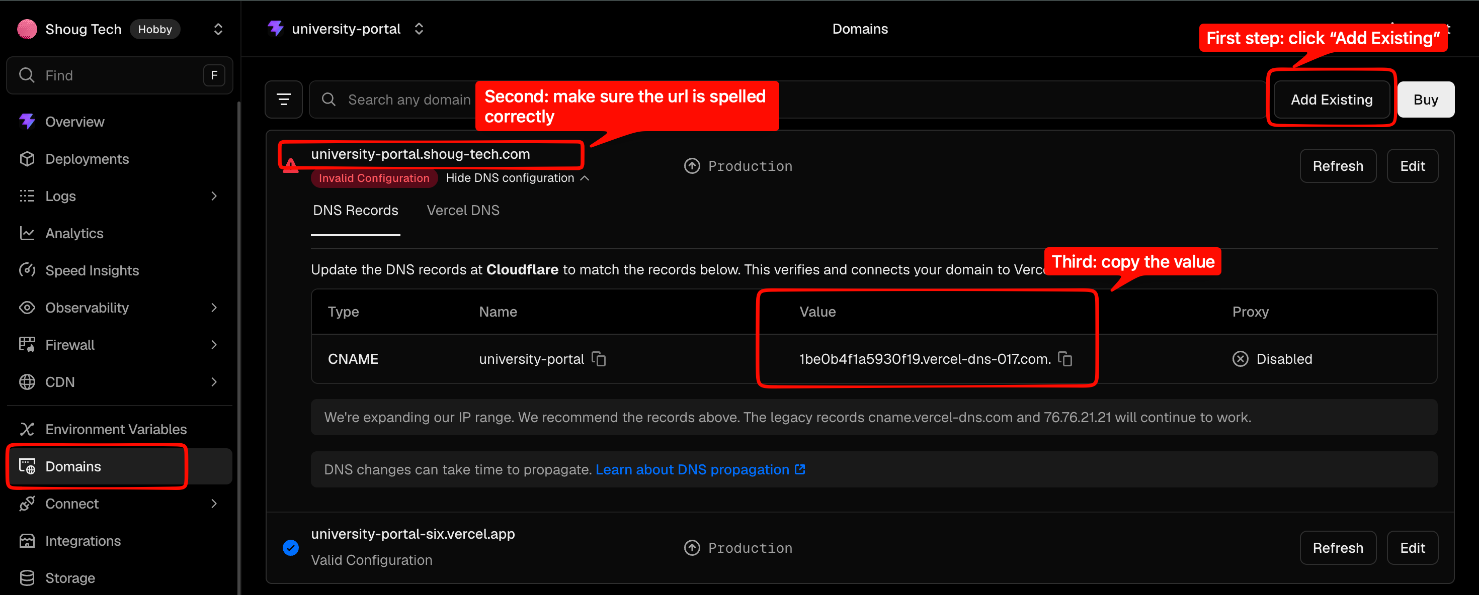 Adding an existing domain to a Vercel project and copying the CNAME target