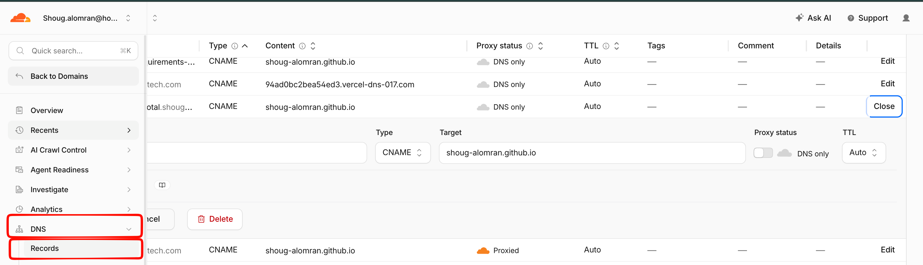 The DNS Records screen in the Cloudflare dashboard
