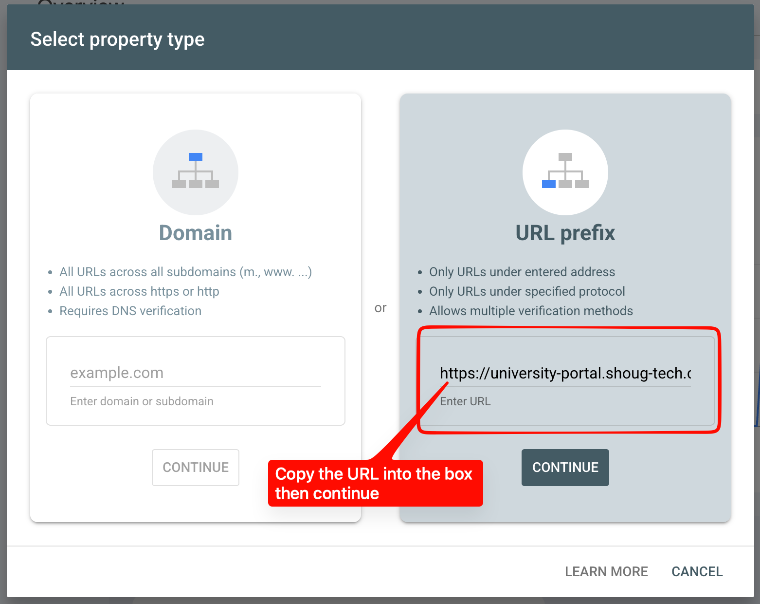 Choosing the URL prefix property type and entering the production URL