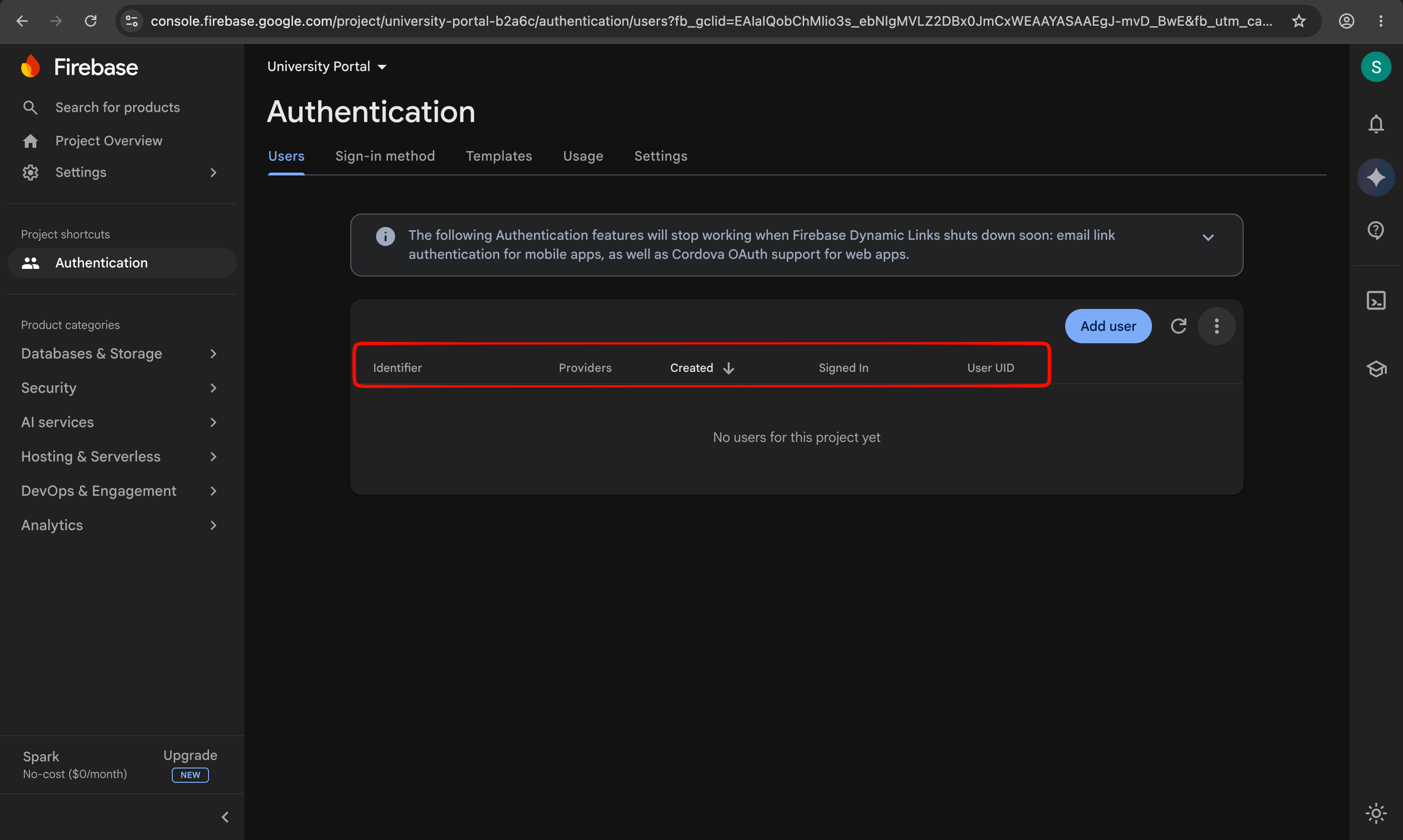 Firebase Authentication user details showing the identity provider and UID