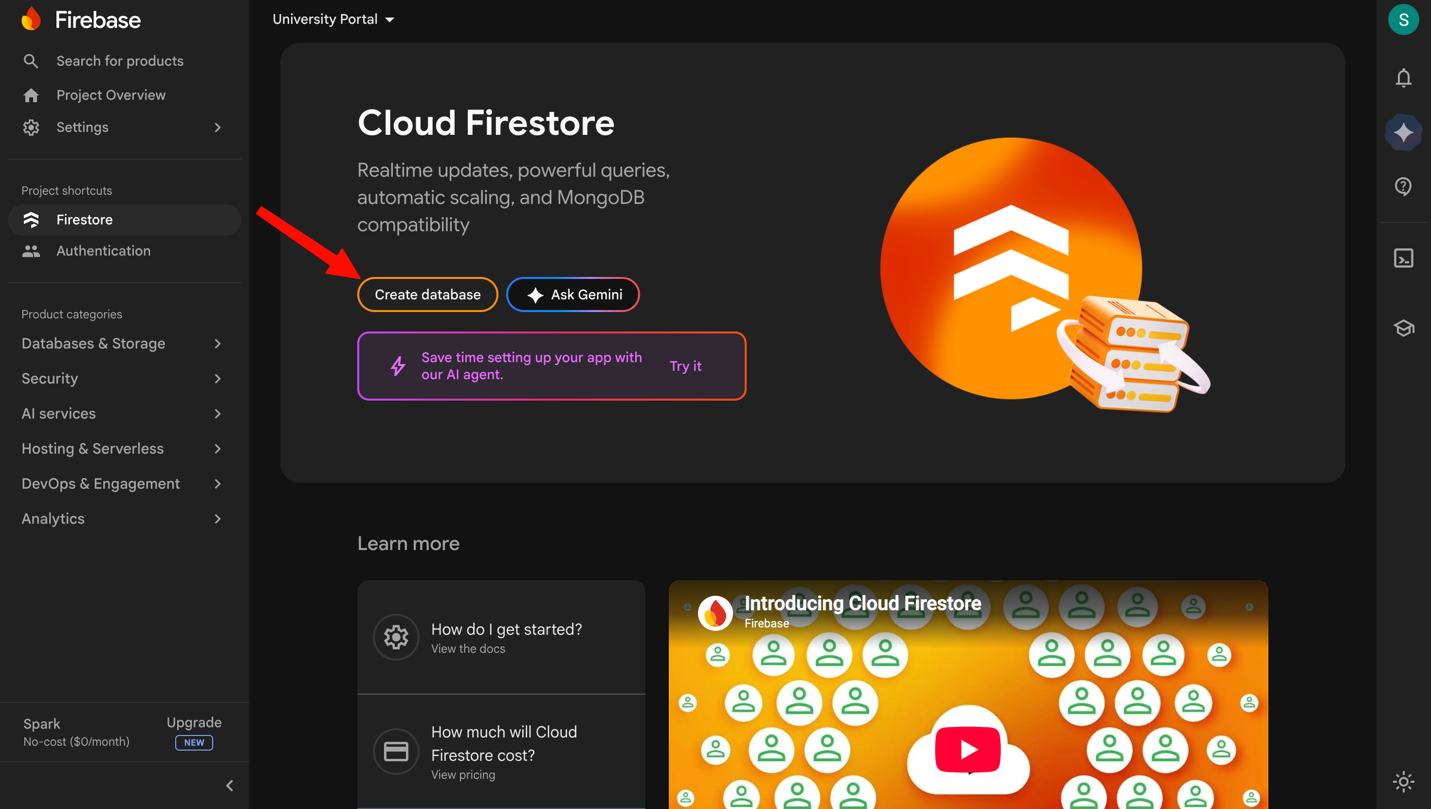 Firestore create database button
