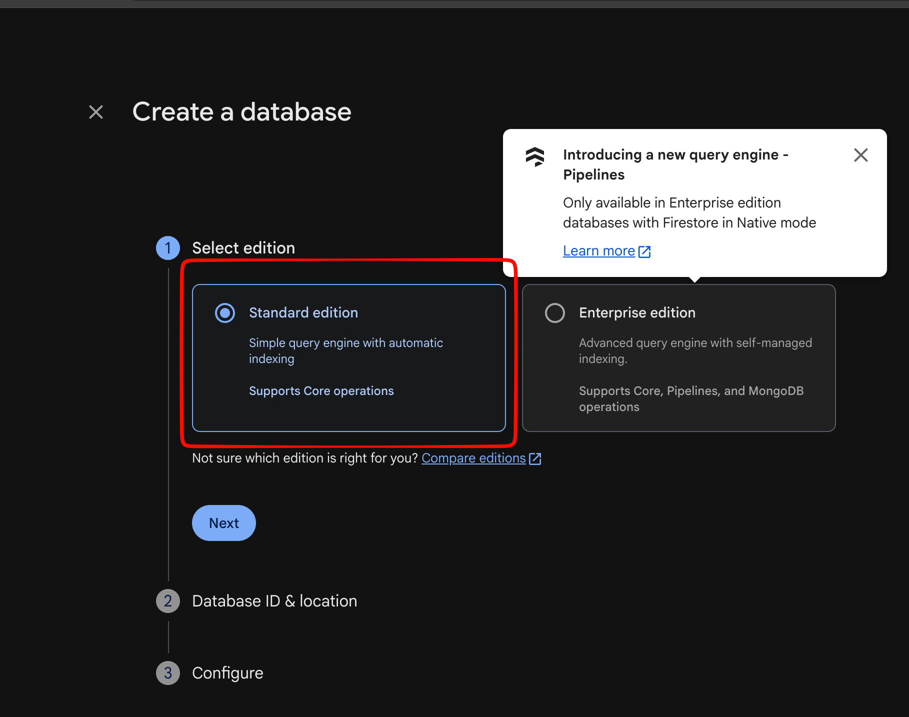 Firestore Standard edition selected