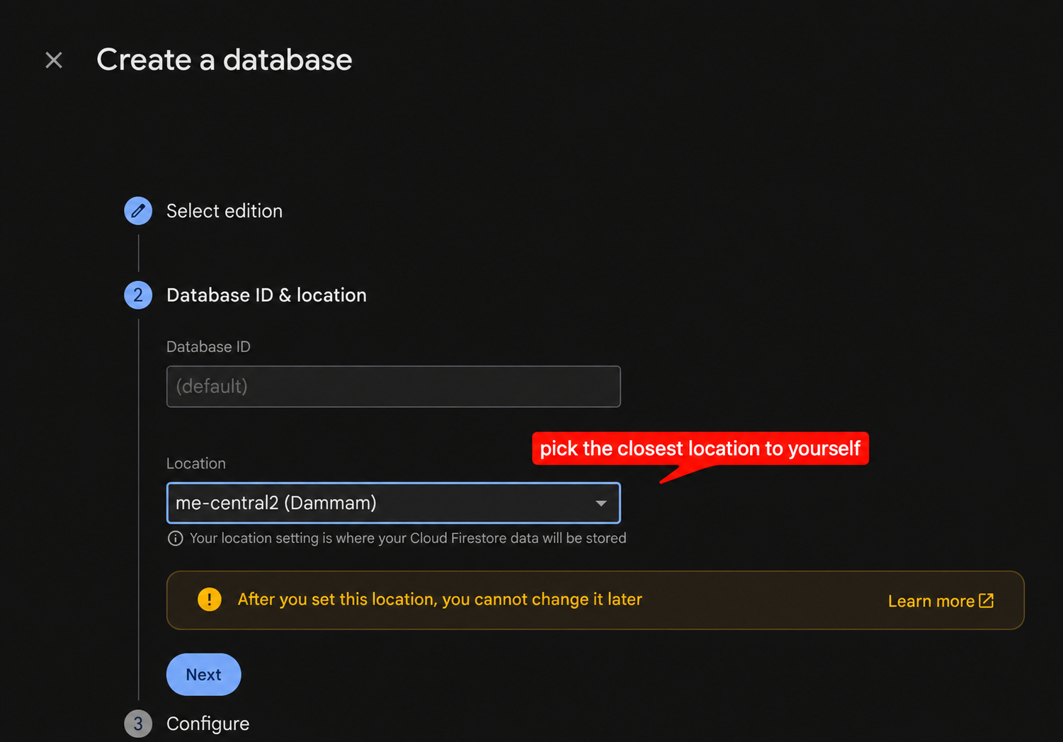 Firestore database location selection