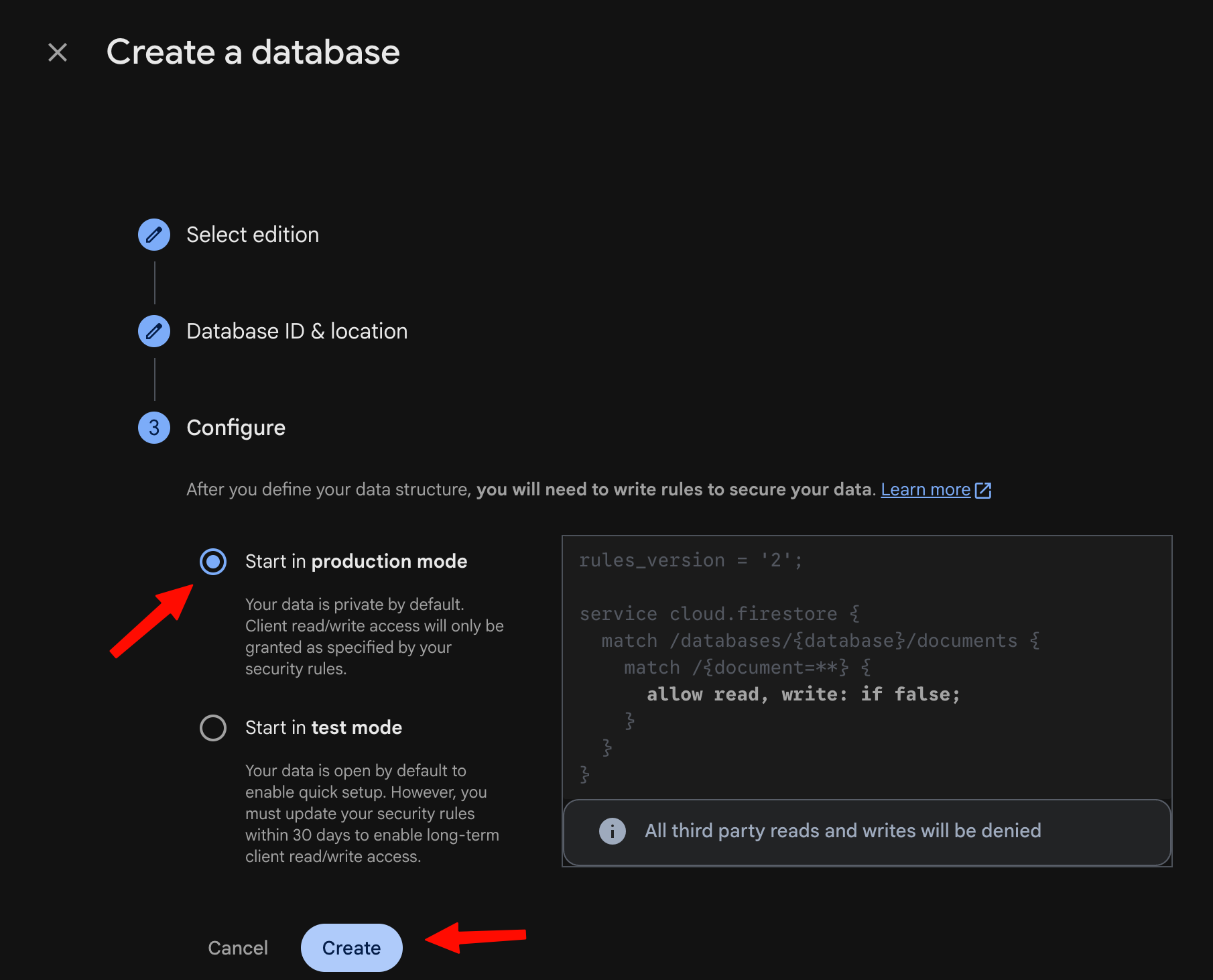 Firestore production mode configuration