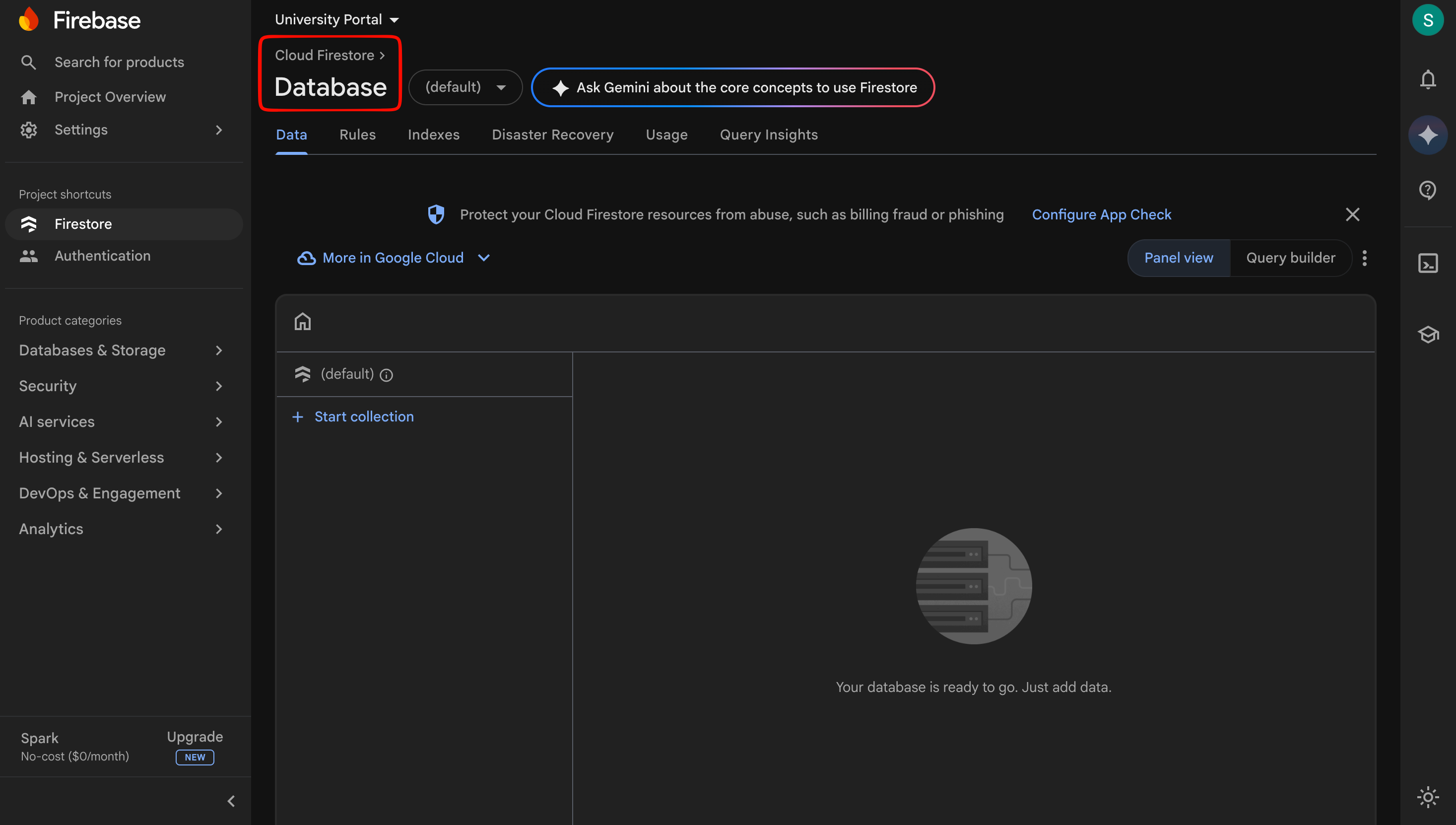 Newly created Firestore database