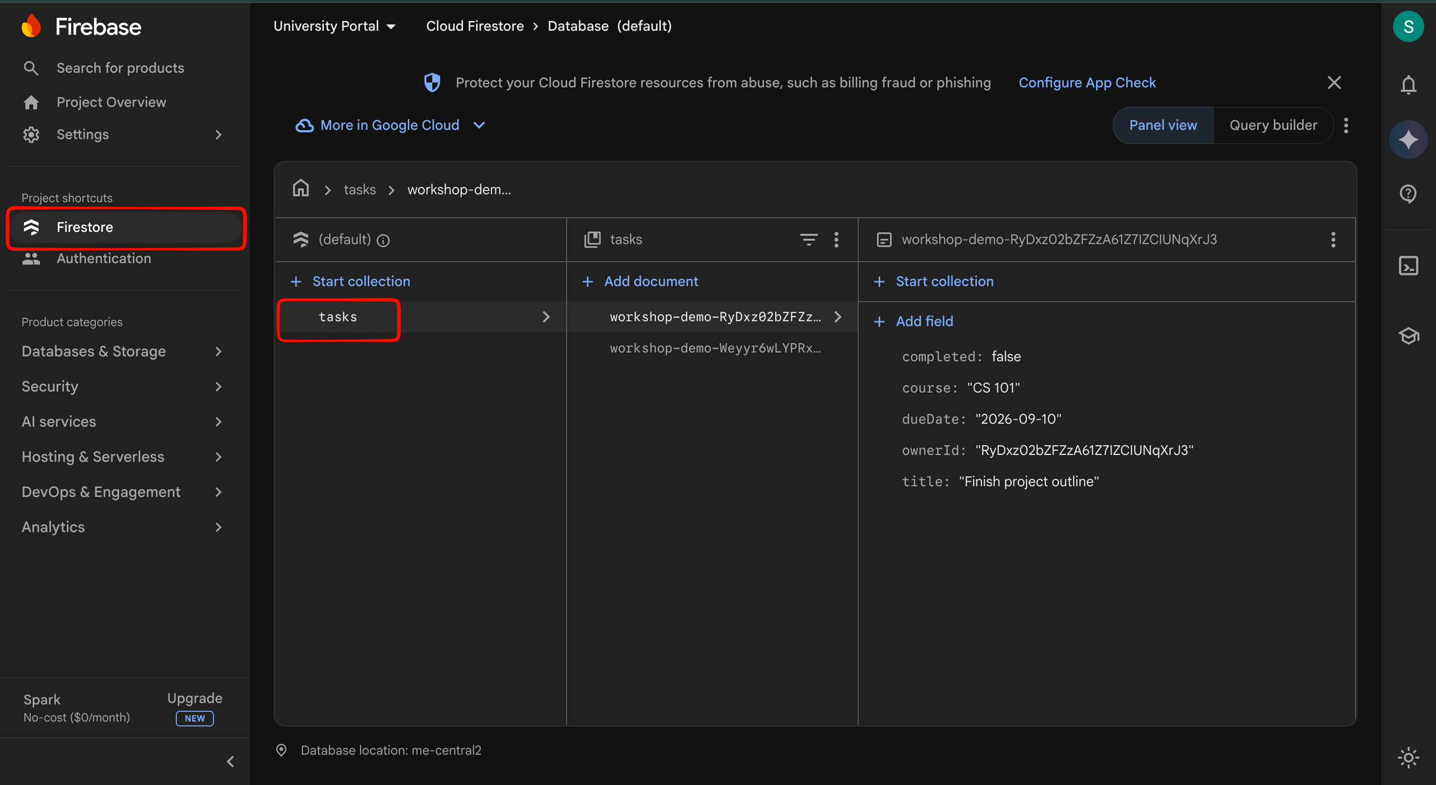 Firestore task document with owner ID