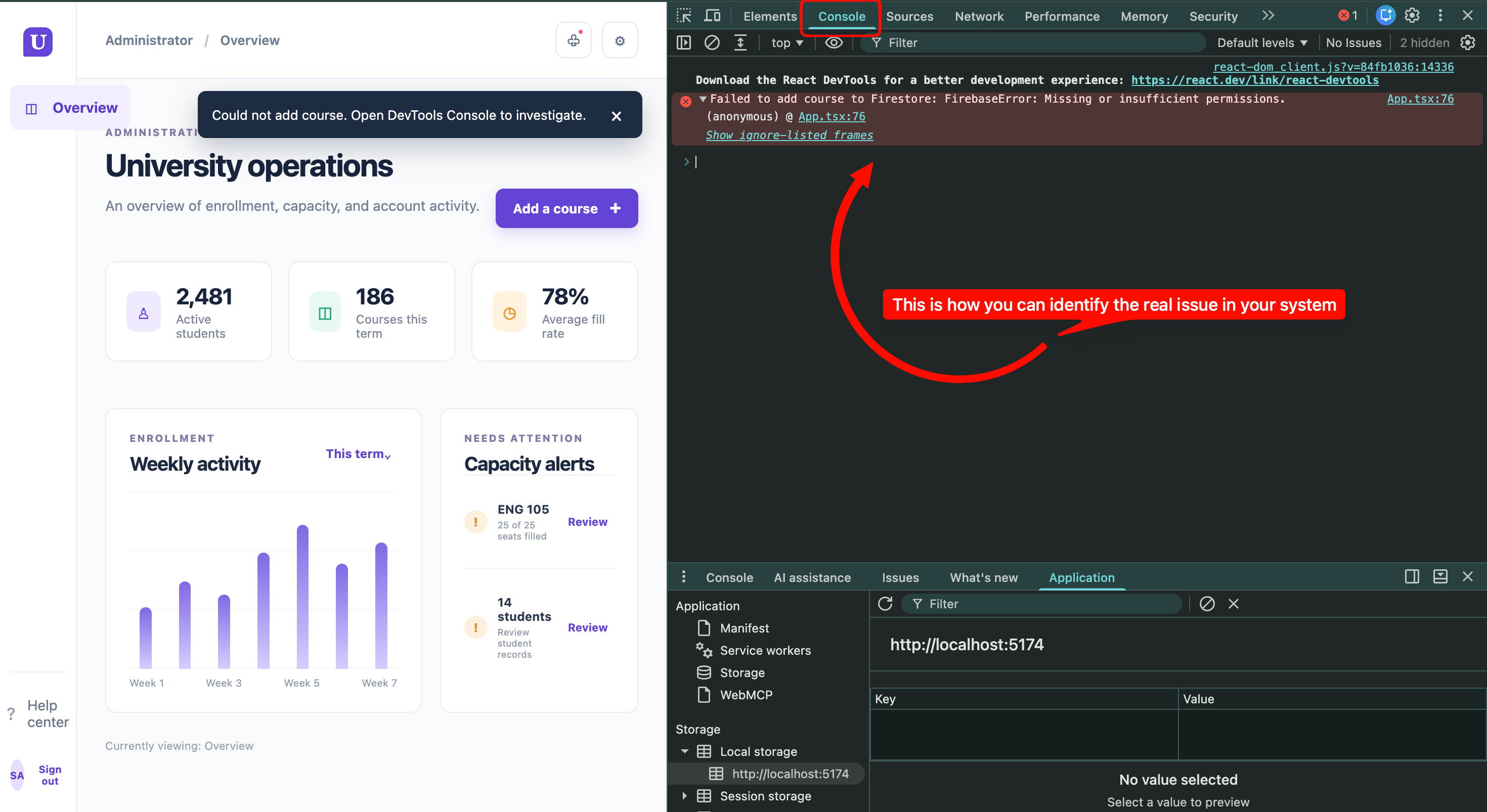 Browser DevTools debugging evidence